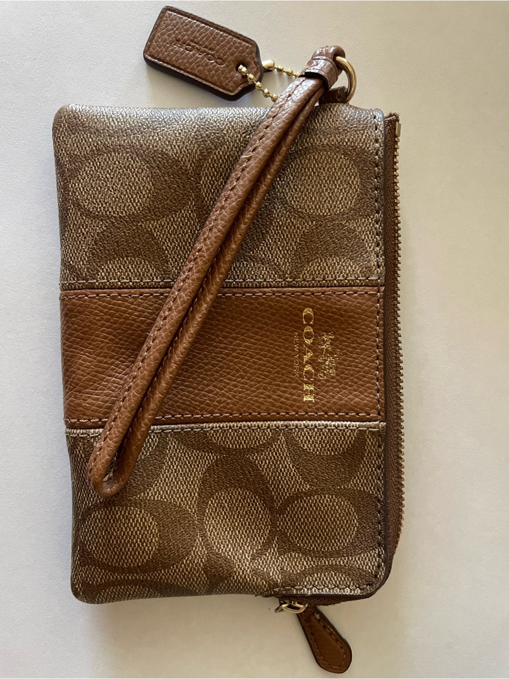 Coach Brown Signature Canvas Wristlet with Leather Trim